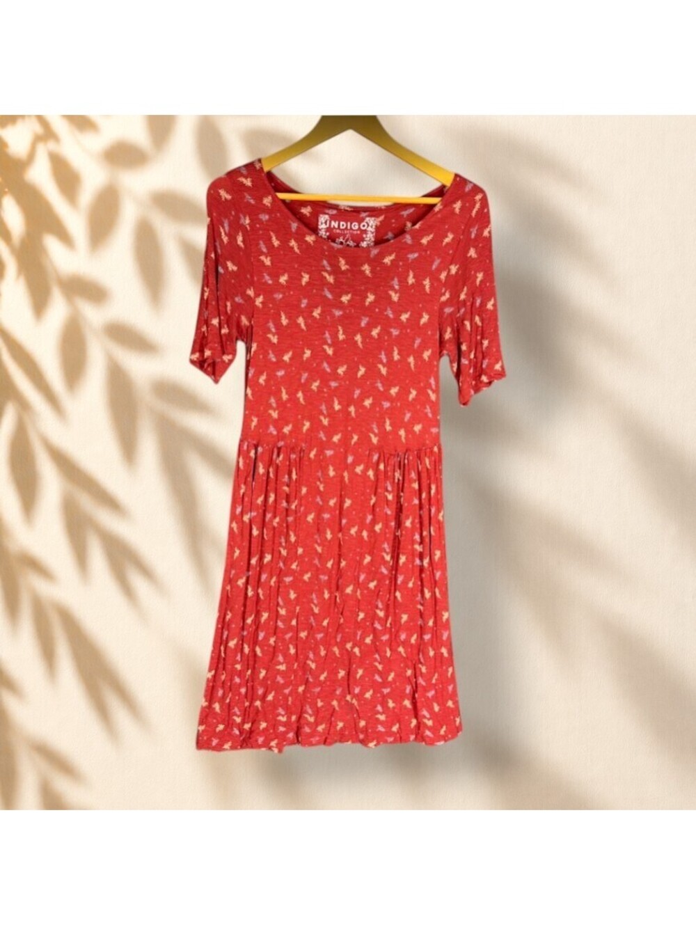 Indigo Dress Women 10 Red Floral Sheath Midi Short Sleeve Round Neck Casual